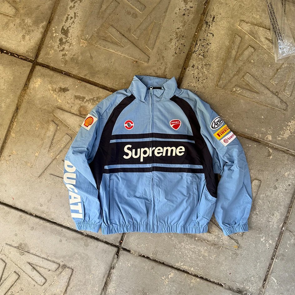 Supreme Hoodies & Sweatshirts Logo Hoodie with Contrast Stitching — Blue/Motorcycle Jacket