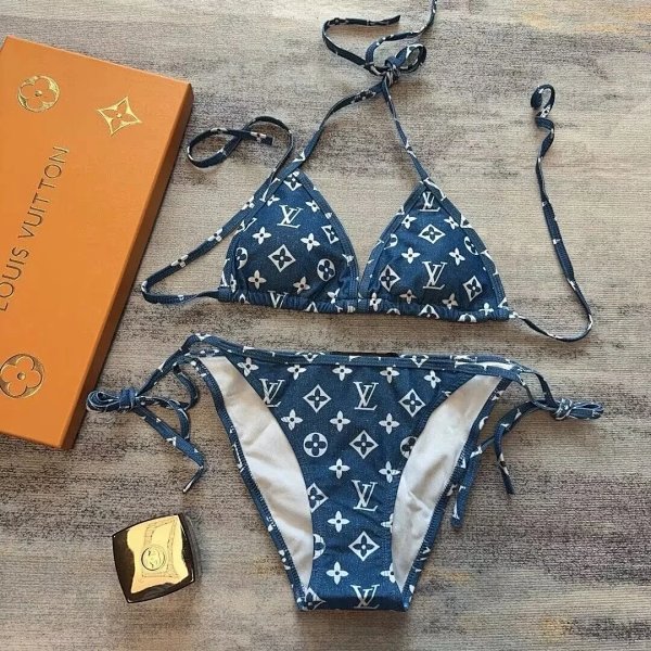 Louis Vuitton Monogram Denim Triangle Bikini Set Navy Blue Swimwear product listing in Litbuy spreadsheet finds
