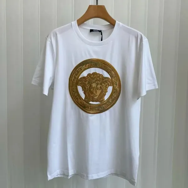 Versace Medusa Embroidered Gold Logo White T-Shirt - 1