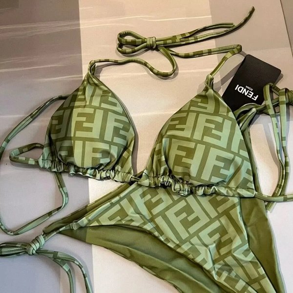 Fendi FF Logo Print Olive Green Triangle Bikini Set Swimwear product listing in Litbuy spreadsheet finds
