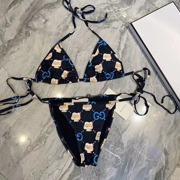 Gucci Cartoon Bear Print Triangle Bikini Set Black Swimwear product listing in Litbuy spreadsheet finds