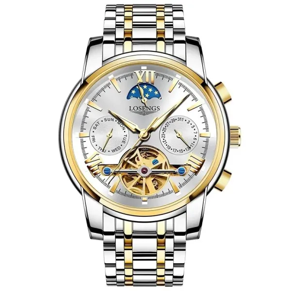 LOSENGS Skeleton Chronograph Moon Phase Silver-Gold Mechanical Watch - 1