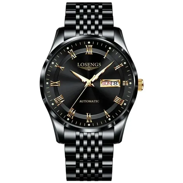 LOSENGS Automatic Black Dial Gold Accents Mechanical Watch - 1
