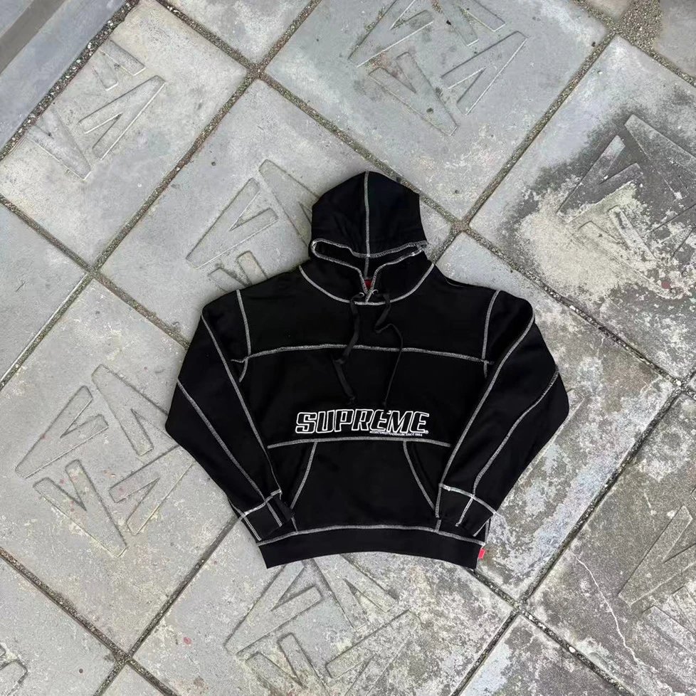 Supreme Hoodies & Sweatshirts Logo Hoodie with Contrast Stitching — Black/Contrast-Thread Sweatshirt