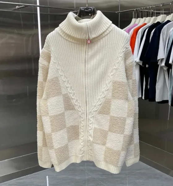 Design Checkerboard Cable-Knit Turtleneck Cardigan Beige and Cream Outerwear.cardigan - 1