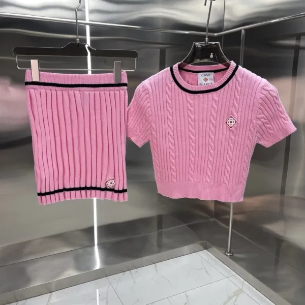 BLANCA Cable Knit Cropped Top and Ribbed Skirt Set Pink - 1