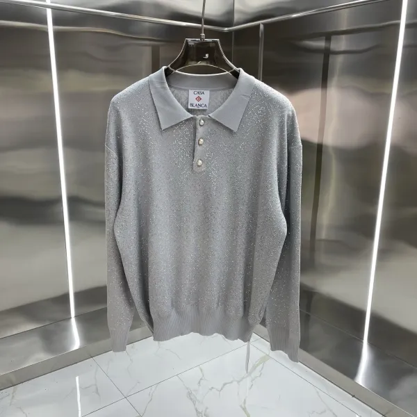BLANCA Casa Blanca Embellished Knit Polo Gray Sweater Polo Shirt - 1