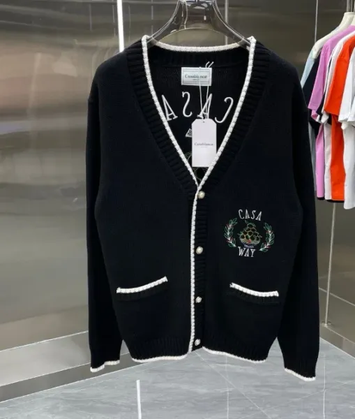 Casablanca Casa Way Embroidered Black Cardigan with Contrast Trim Outerwear.cardigan - 1