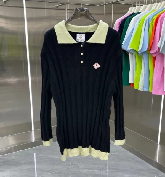 Casa Blanca Ribbed Knit Polo Sweater Black with Cream Collar and Cuffs - 1