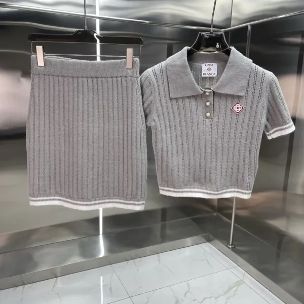 Casa Blanca Ribbed Knit Polo Top and Skirt Set Gray - 1