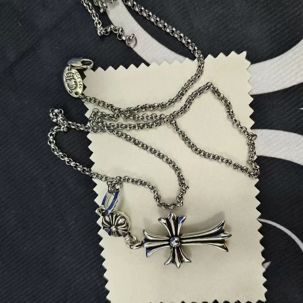 Chrome Hearts Jewelry Gothic Cross Pendant Necklace — Large Beaded Cross with Pearl Chain