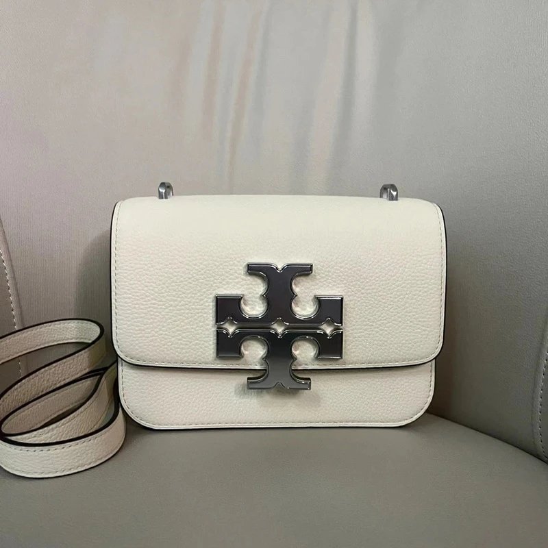 Tory Burch Crossbody Bags Double T Logo Pebbled Flap Bag — Litchi-pattern white Y Gift box packaging