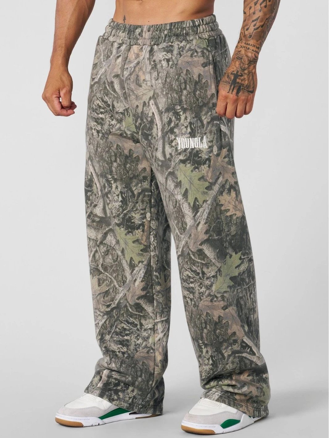 YoungLA Trousers Camouflage Print Elastic-Waist Sweatpants — Brown