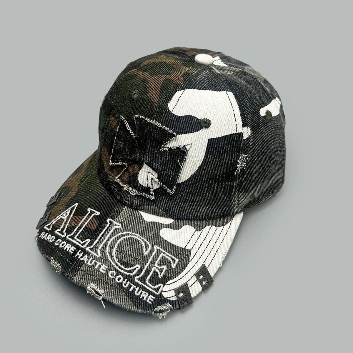 ALICE Hats Embroidered Distressed Baseball Cap with Metal Rivets — White (white ALICE)