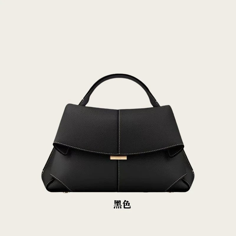 Polène Handbags Top-handle flap bag with pleated side panels — Black [In stock, ships instantly]