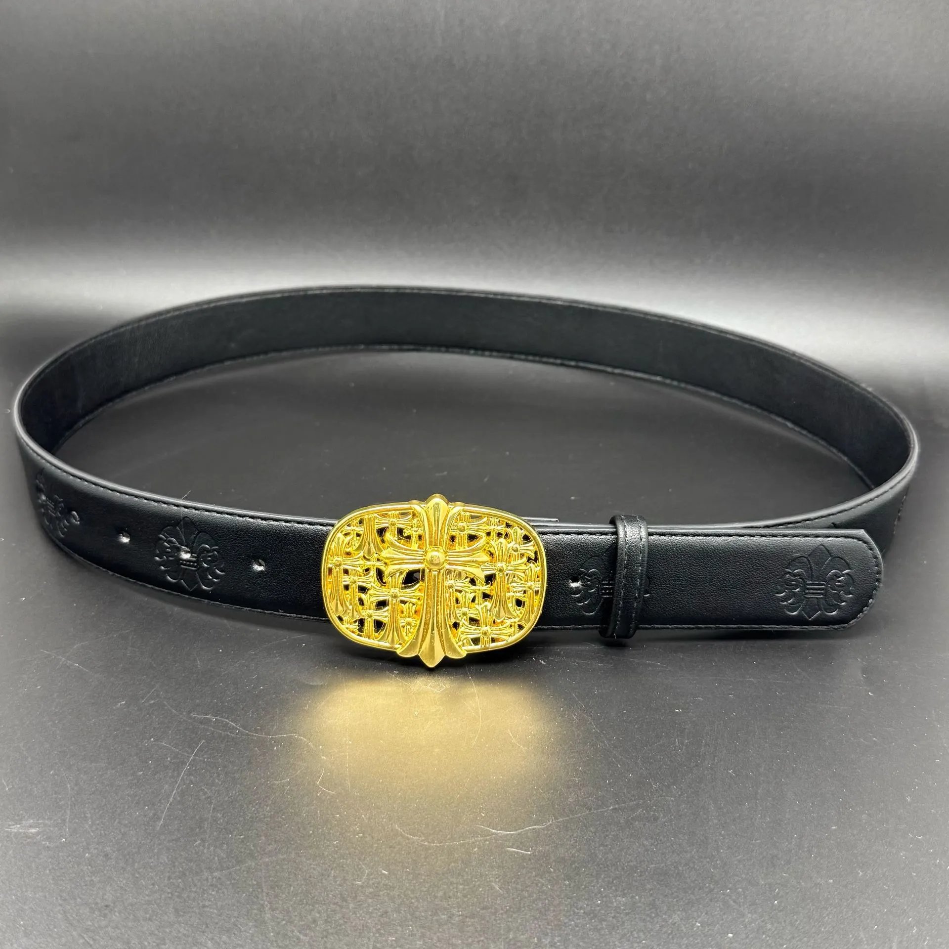 Unbranded Belts Embossed Cross Pattern with Ornamental Buckle — Golden Burial