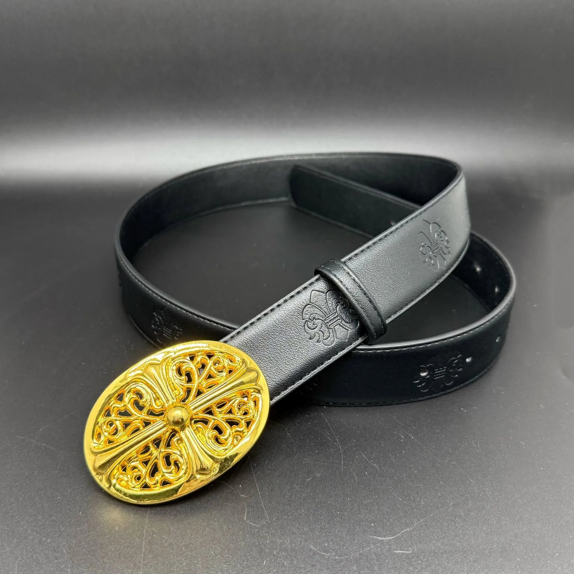 Unbranded Belts Embossed Cross Pattern with Ornamental Buckle — Golden oval