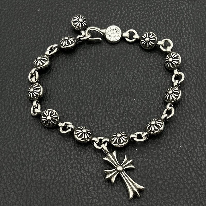 Chrome Hearts Jewelry 925 Silver Chain Bracelet with Cross and Floral Motifs — Cross Flower Ball Cross Frame Chain