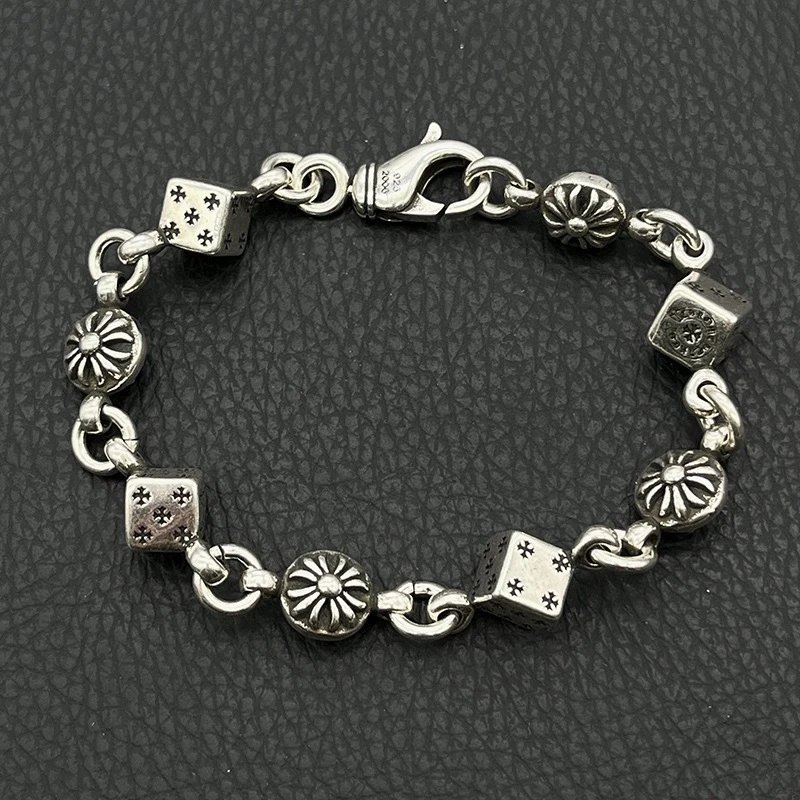 Chrome Hearts Jewelry 925 Silver Chain Bracelet with Cross and Floral Motifs — Dice Cross Flower Chain