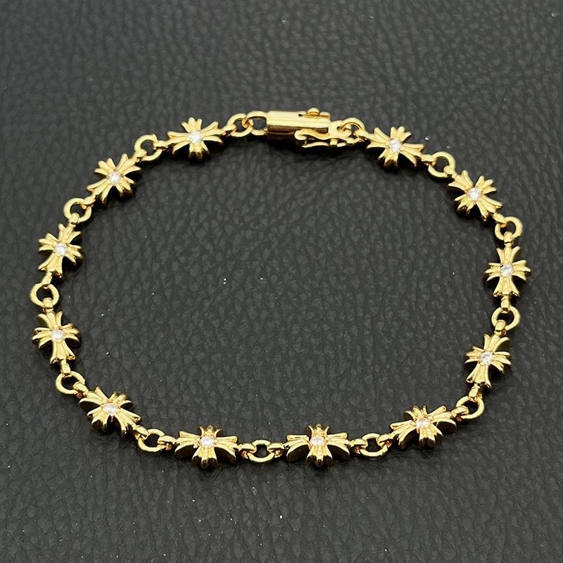 Chrome Hearts Jewelry 925 Silver Chain Bracelet with Cross and Floral Motifs — Golden e Cross bracelet (with drill)