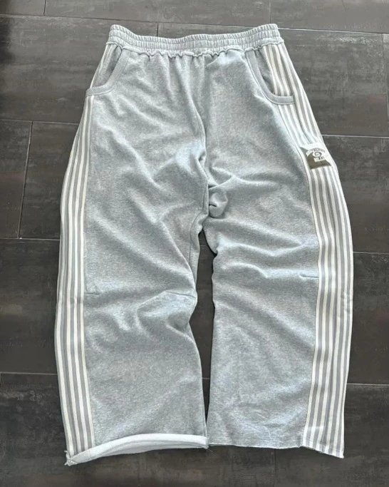 Unbranded Trousers Wide-Leg Drawstring Track Pants with Three Side Stripes — K09 gray
