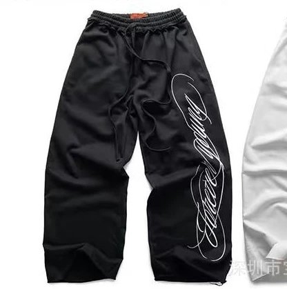 Unbranded Trousers Wide-Leg with Script Graphic Print — Black (embroidery