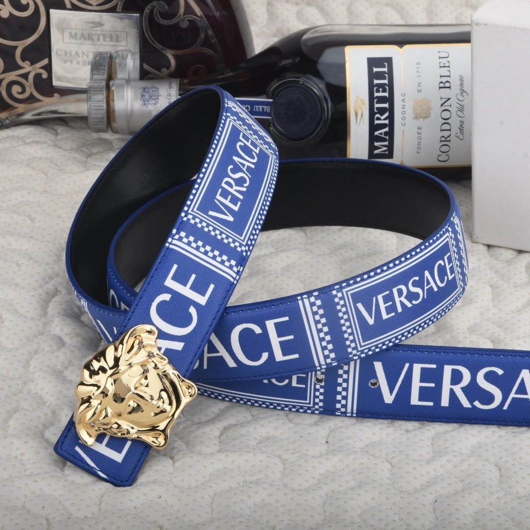 Versace Belts Logo-print belt with Medusa-head buckle — Blue gold buckle