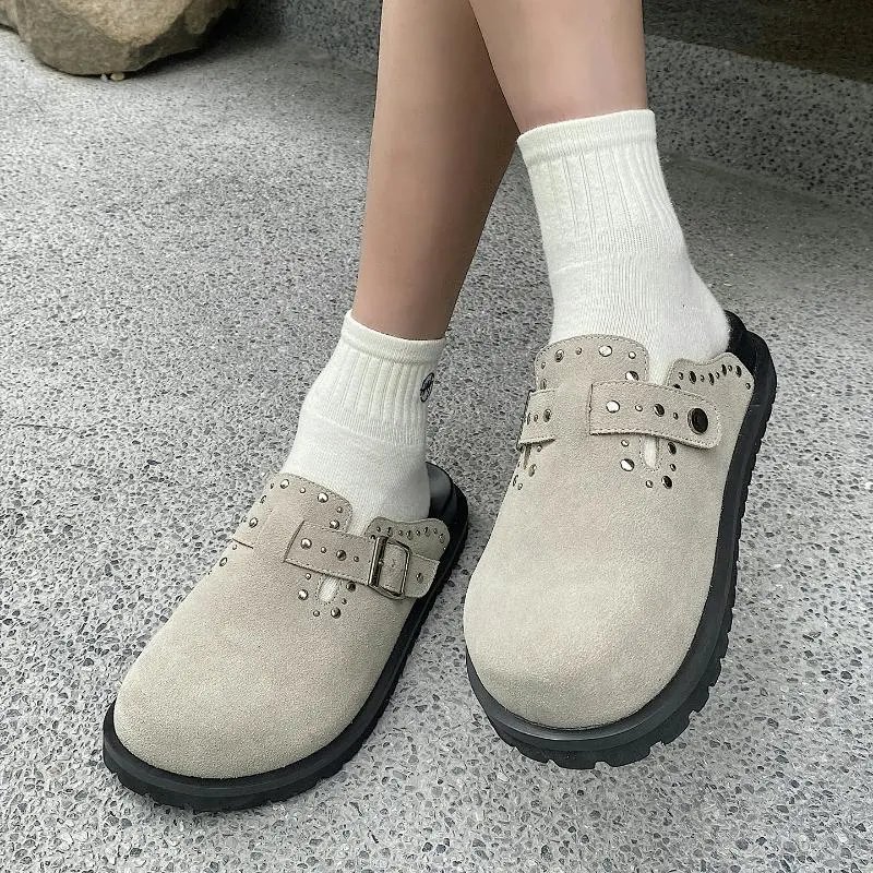 Unbranded Slippers Studded Buckle Mule Clogs — Sand color
