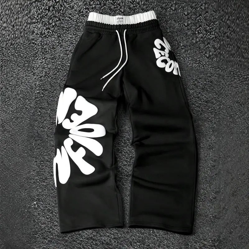 Unbranded Trousers Wide-leg drawstring with raised letter print — Black (in stock)