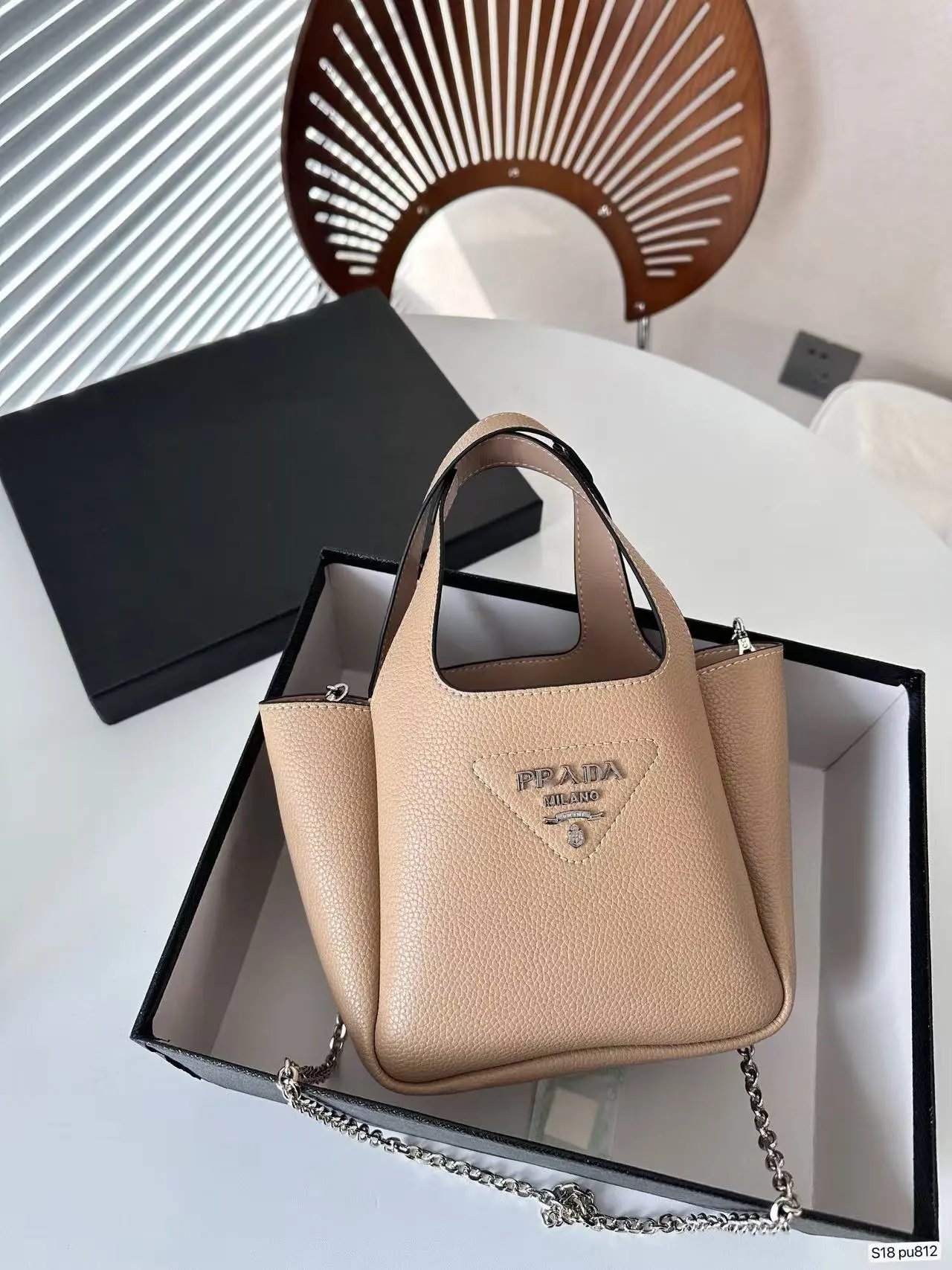 Prada Handbags Mini triangle-logo tote with chain shoulder strap — Milk tea