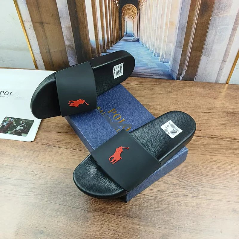 Polo Ralph Lauren Slippers Wide-strap slide with player emblem — Black and red