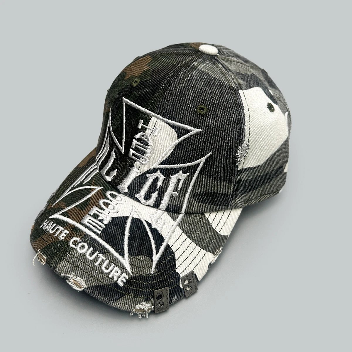 ALICE Hats Embroidered Distressed Baseball Cap with Metal Rivets — White (cross)