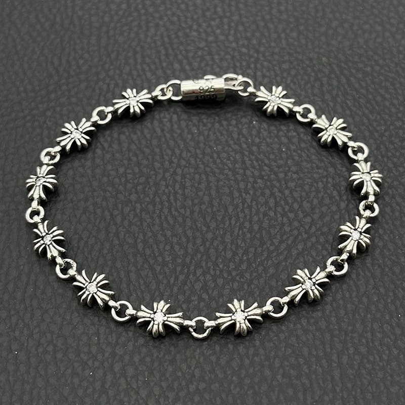 Chrome Hearts Jewelry 925 Silver Chain Bracelet with Cross and Floral Motifs — e Cross bracelet (with drill)
