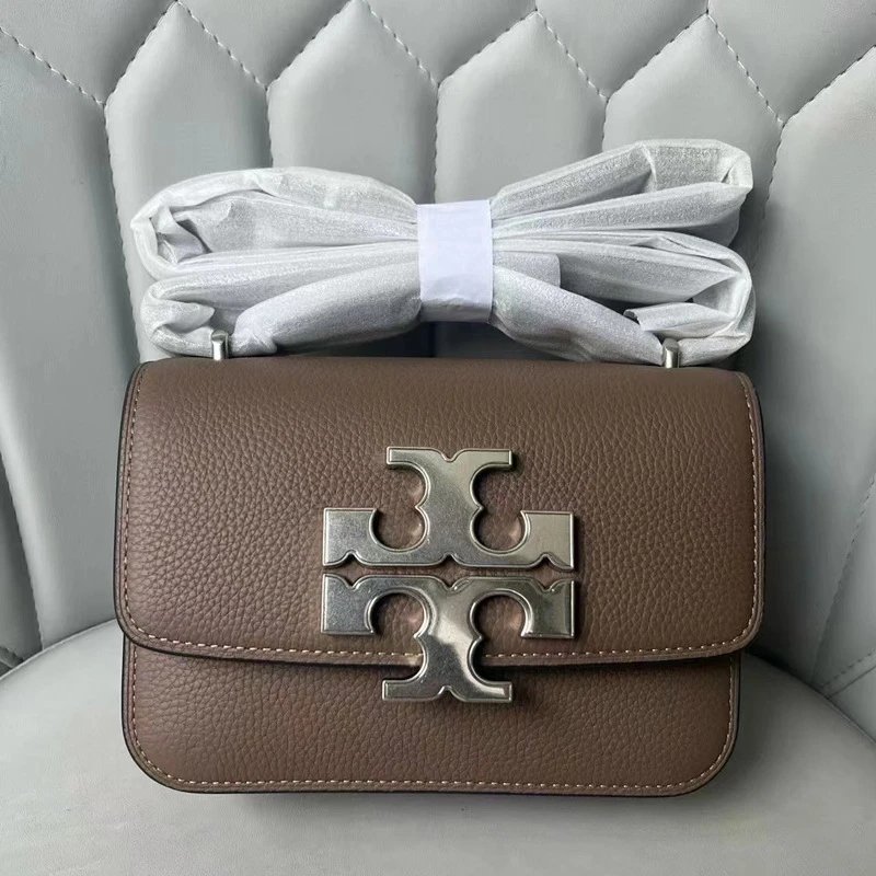 Tory Burch Crossbody Bags Double T Logo Pebbled Flap Bag — litchi gray Y Gift box packaging