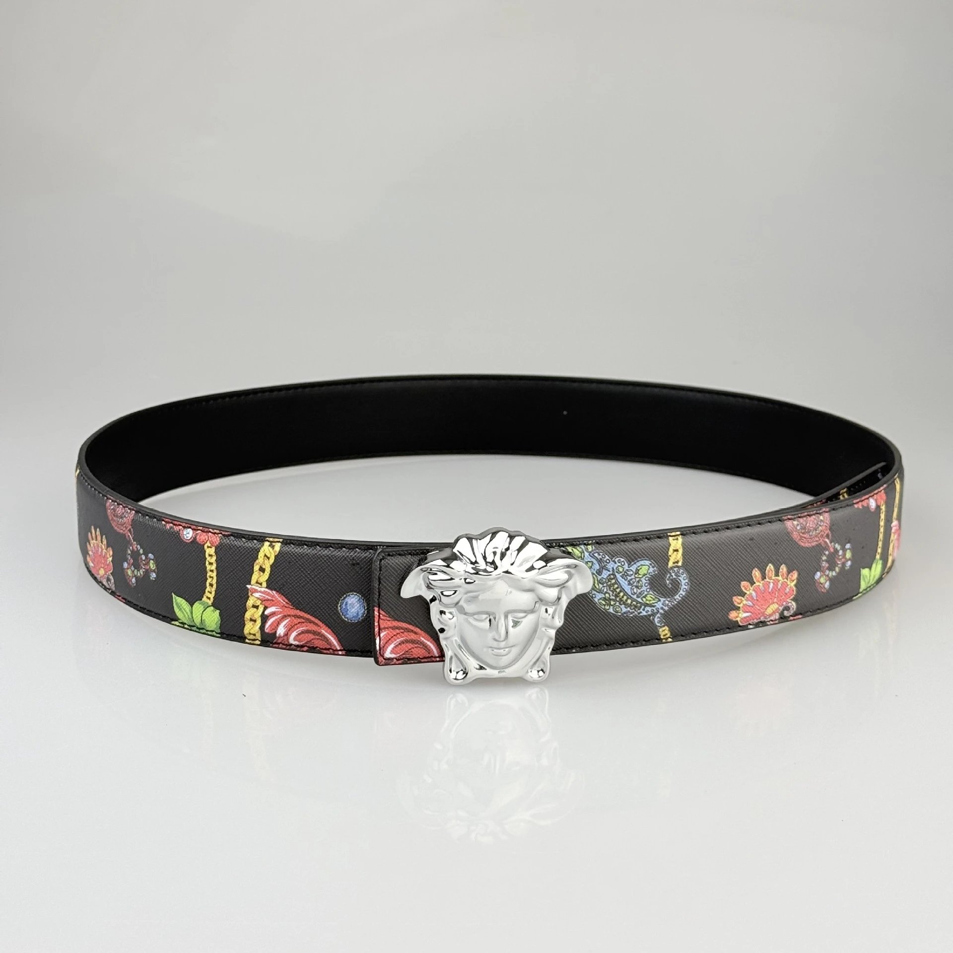 Versace Belts Logo-print belt with Medusa-head buckle — Black colored Medusa silver buckle