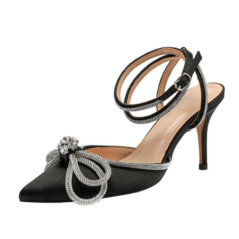Unbranded High Heels Pointed-Toe Rhinestone Bow Ankle-Strap Stiletto Sandals image 4
