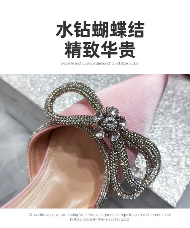 Unbranded High Heels Pointed-Toe Rhinestone Bow Ankle-Strap Stiletto Sandals product detail image 3
