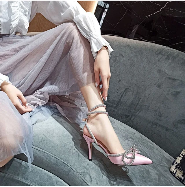 Unbranded High Heels Pointed-Toe Rhinestone Bow Ankle-Strap Stiletto Sandals product detail image 13
