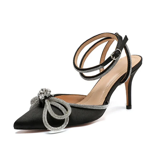 Unbranded High Heels Pointed-Toe Rhinestone Bow Ankle-Strap Stiletto Sandals product detail image 30