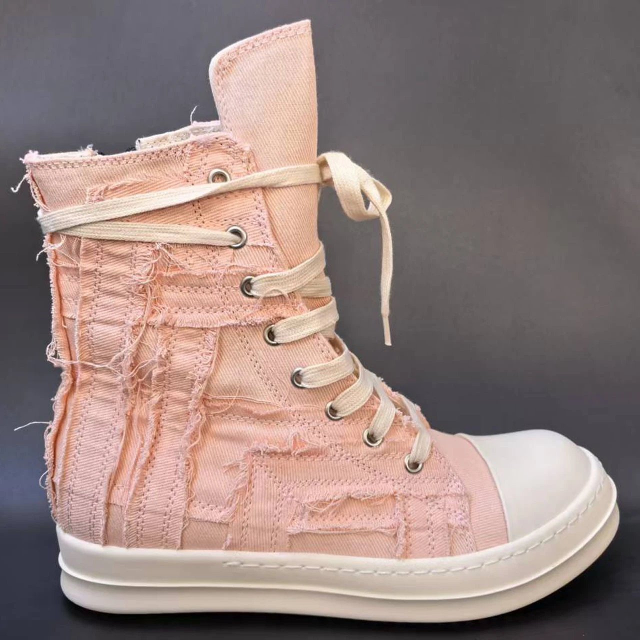 Unbranded Sneakers High-Top Distressed Canvas Lace-Up with Side Zipper — Pink high-top
