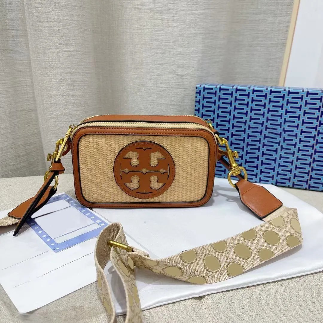 Tory Burch Crossbody Bags Small double-zip logo camera bag with adjustable wide strap — Woven brown