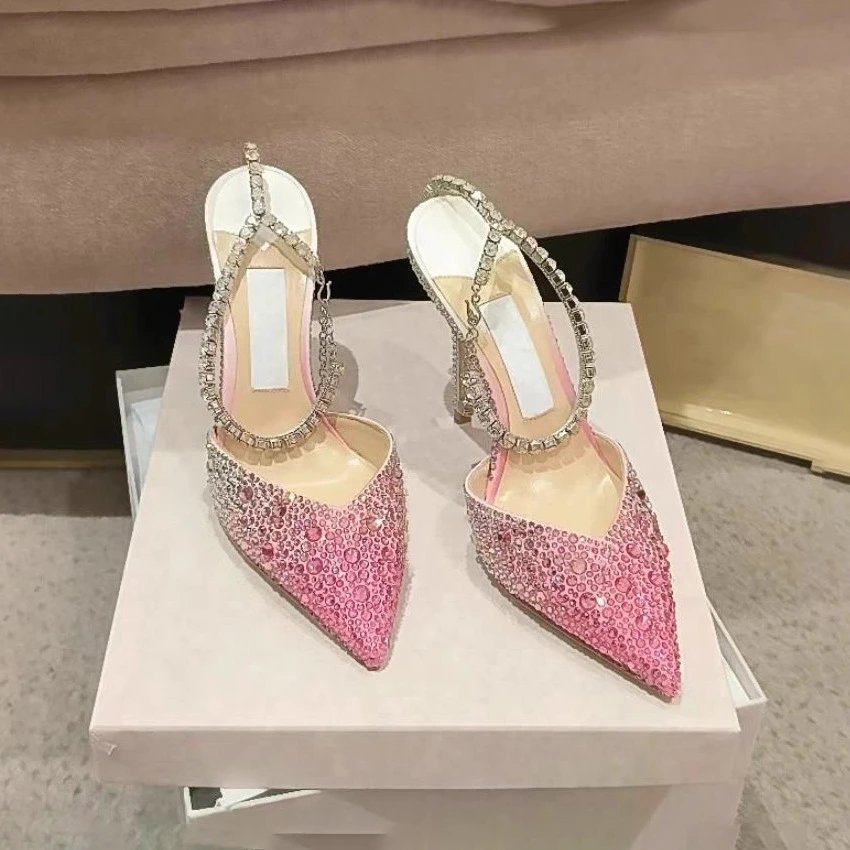 Unbranded High Heels Rhinestone pointed-toe ankle-strap stiletto — Gradient pink 10 cm