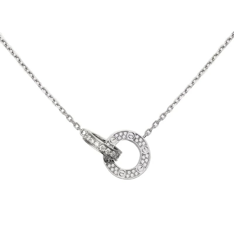 Unbranded Jewelry Interlocking Ring Pendant Necklace — Double Ring-Double Full Diamond [Silver】