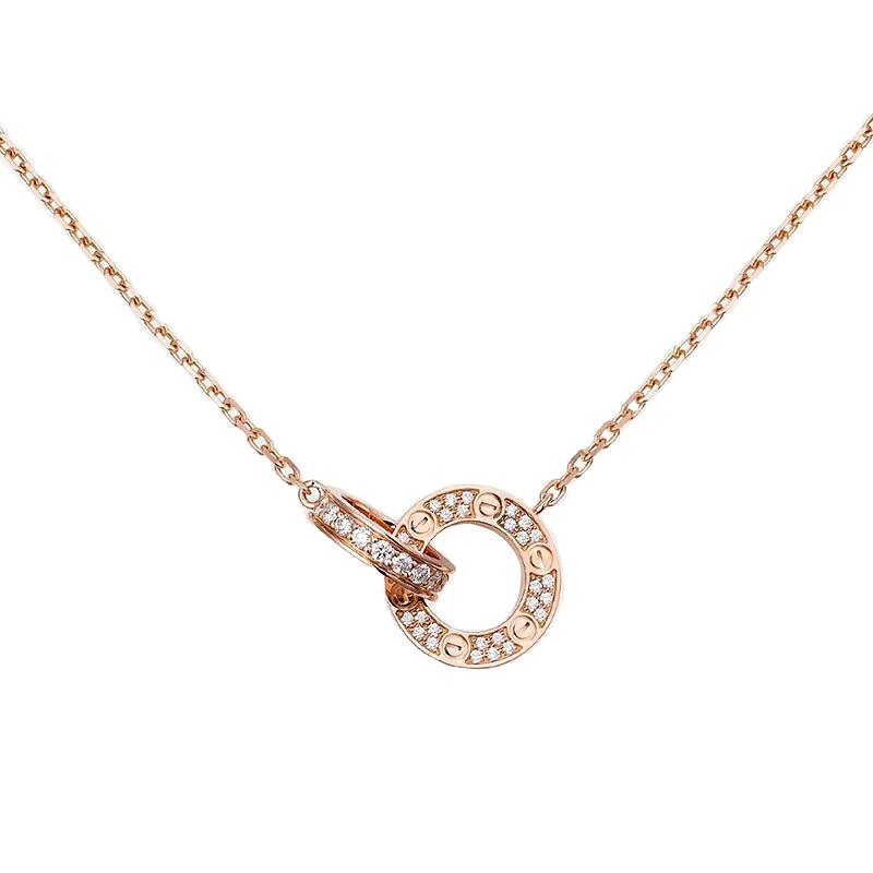 Unbranded Jewelry Interlocking Ring Pendant Necklace — Double Ring-Double Full Diamond [Rose Gold】