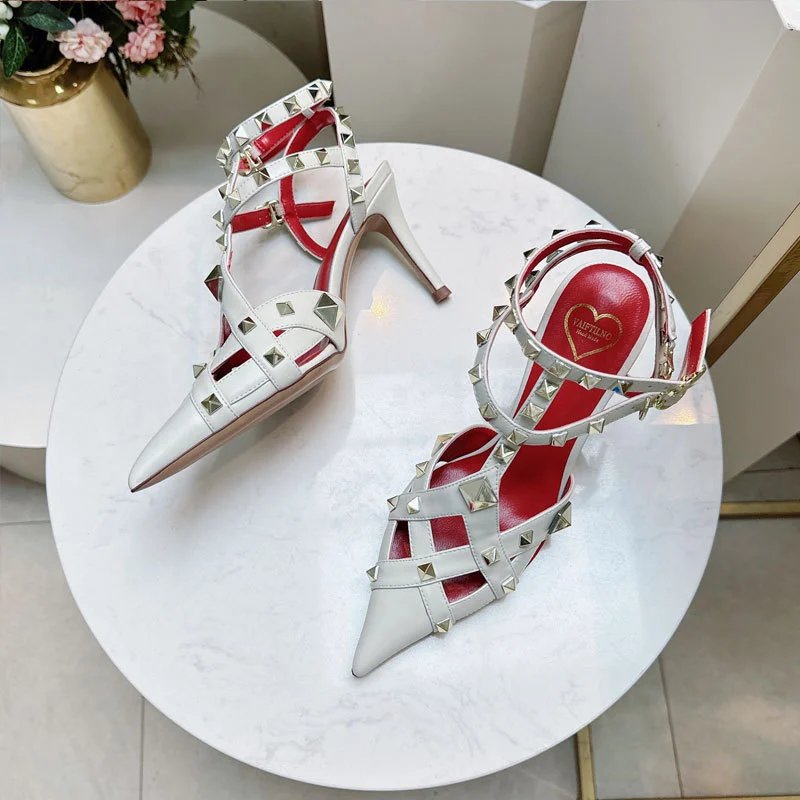 Valentino Garavani Sandals Rockstud pointed-toe caged ankle-strap high-heel — White 8CM