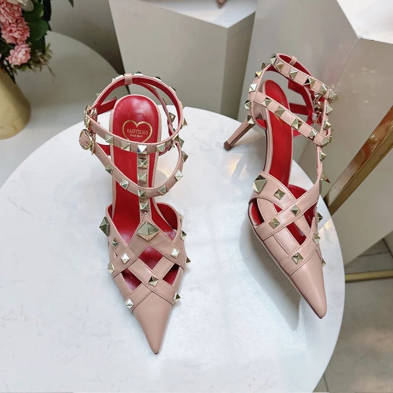 Valentino Garavani Sandals Rockstud pointed-toe caged ankle-strap high-heel — Nude pink 8cm