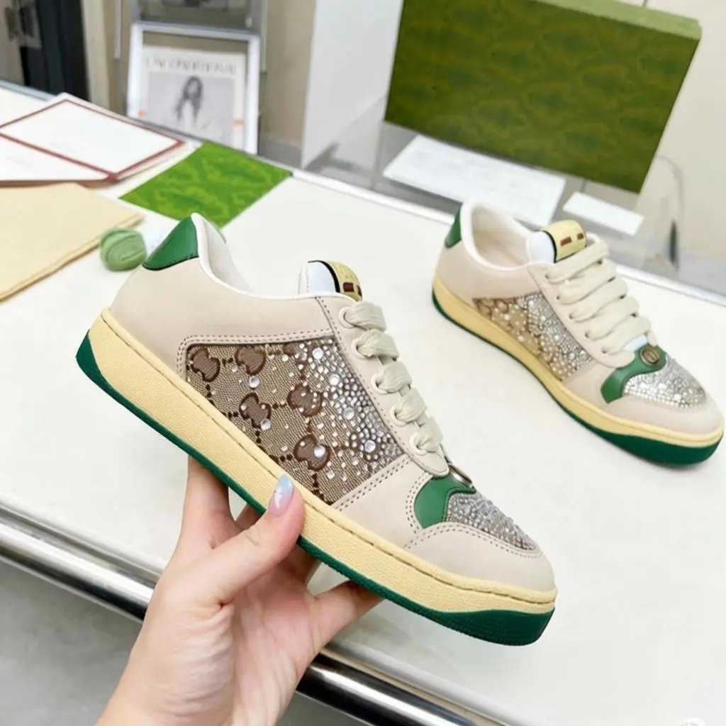 Gucci Sneakers Screener low-top lace-up with Web stripes and GG pattern panels — Old Flower Brown Diamond Noodles