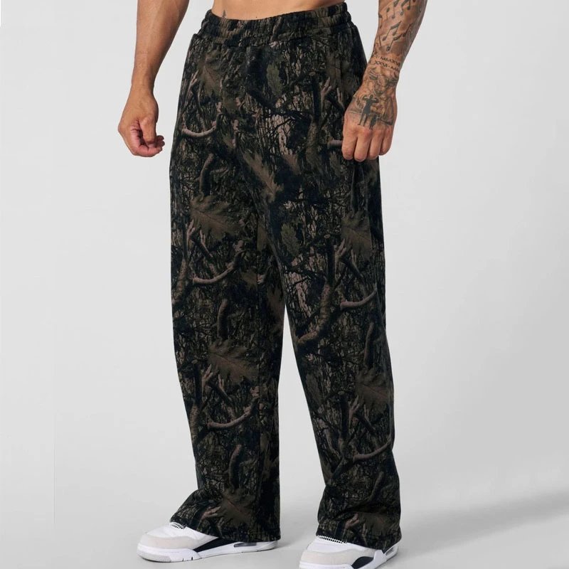 YoungLA Trousers Camouflage Print Elastic-Waist Sweatpants — Black glossy version