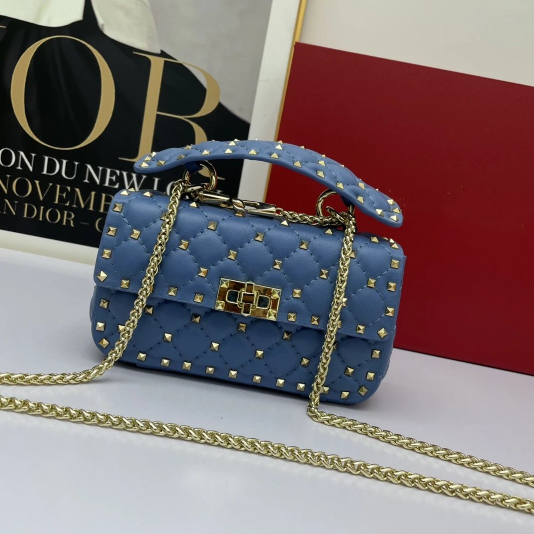 Unbranded Crossbody Bags Quilted Studded Chain Bag — Blue