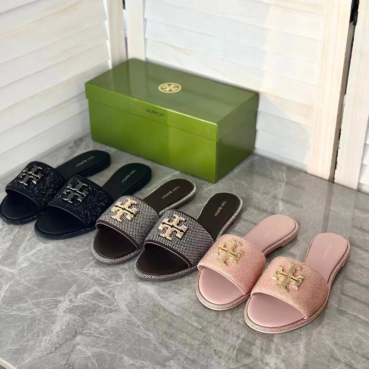 Tory Burch Sandals Rhinestone slide with Double T logo hardware product image